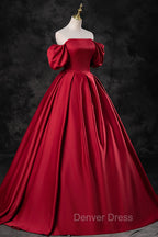 Burgundy Satin Long A Line Prom Dress, Off the Shoulder Prom Dresses