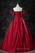 Burgundy Satin Long A Line Prom Dress, Off the Shoulder Prom Dresses