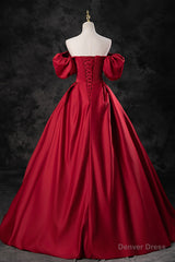 Burgundy Satin Long A-Line Prom Dress, Off the Shoulder Evening Party Dress