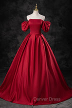 Burgundy Satin Long A-Line Prom Dresses, Off the Shoulder Evening Party Dresses