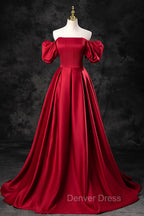 Burgundy Satin Long A Line Prom Dress, Off the Shoulder Prom Dresses