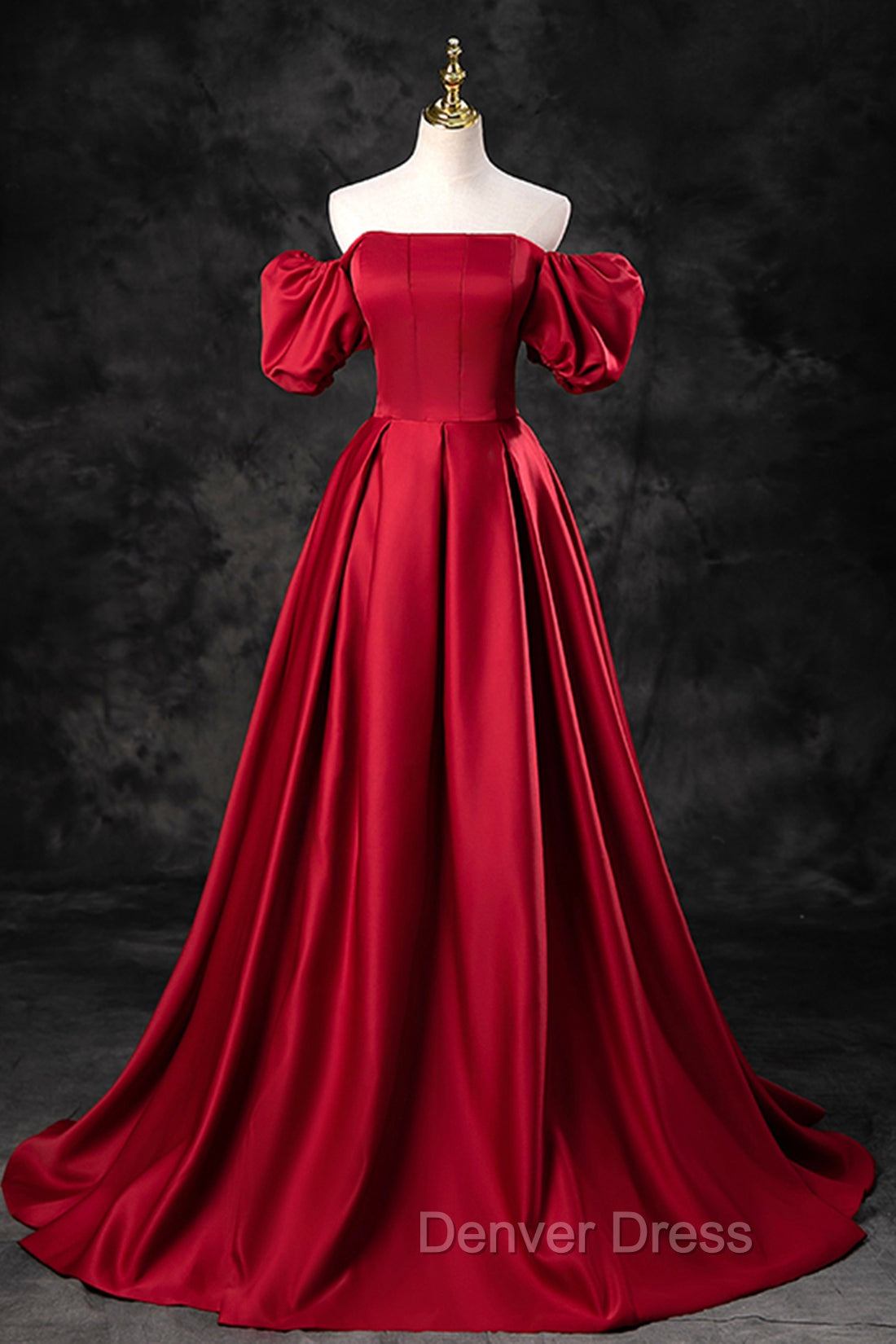 Burgundy Satin Long A Line Prom Dress, Off the Shoulder Prom Dresses