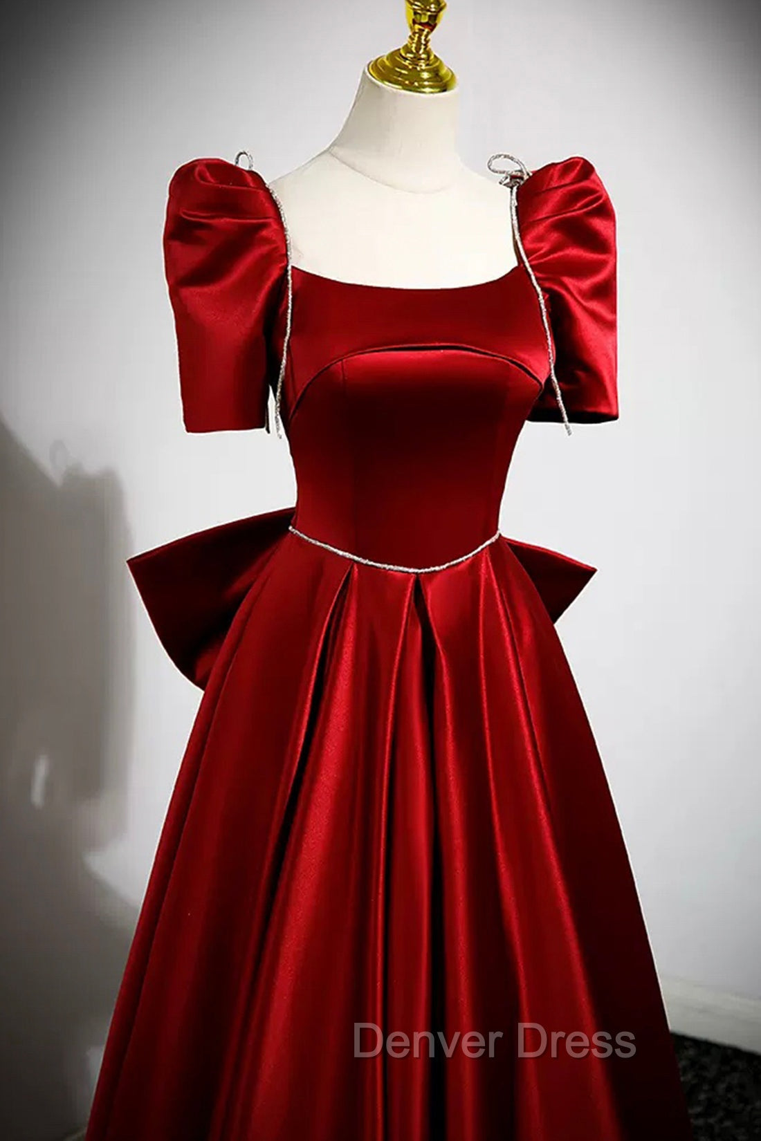 Burgundy Satin Long Prom Dress, A Line Prom Dresses with Bow