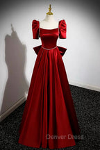 Burgundy Satin Long Prom Dress, A Line Prom Dresses with Bow