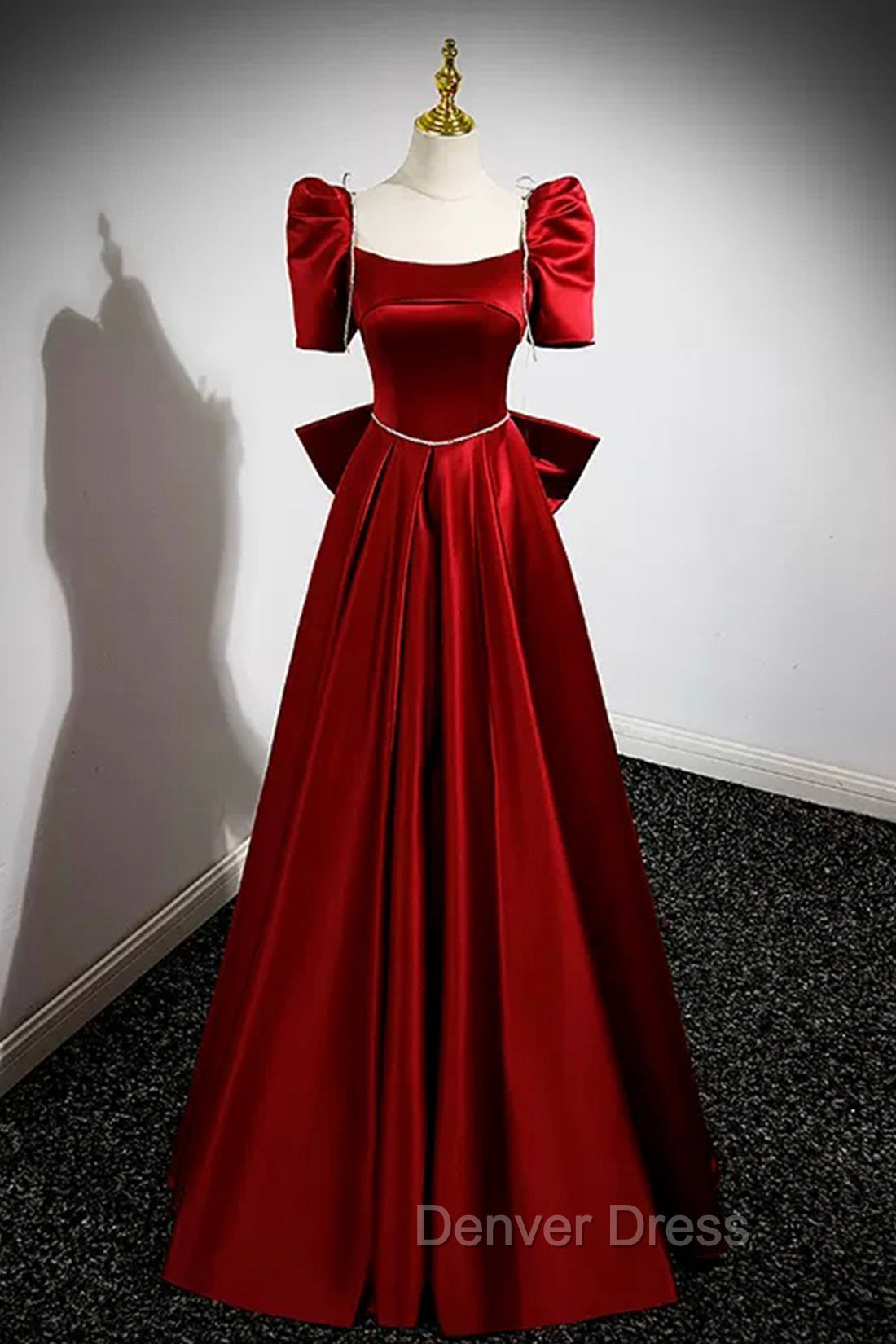 Burgundy Satin Long Prom Dress, A Line Prom Dresses with Bow