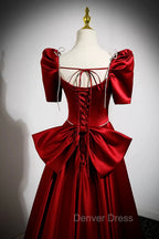 Burgundy Satin Long Prom Dress, A Line Prom Dresses with Bow