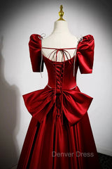 Burgundy Satin Long Prom Dresses, A-Line Evening Dresses with Bow