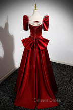 Burgundy Satin Long Prom Dress, A Line Prom Dresses with Bow