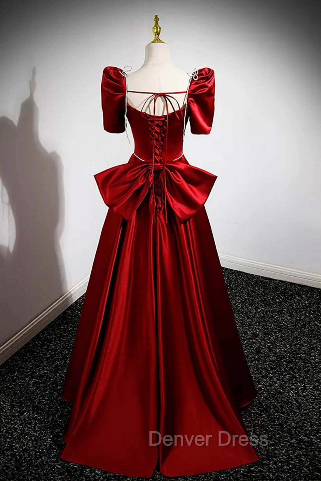 Burgundy Satin Long Prom Dress, A Line Prom Dresses with Bow