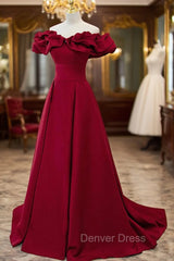 Burgundy Satin Long Prom Dresses, A-Line Off Shoulder Evening Party Dresses