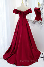 Burgundy Satin Long Prom Dresses, A-Line Off Shoulder Evening Party Dresses