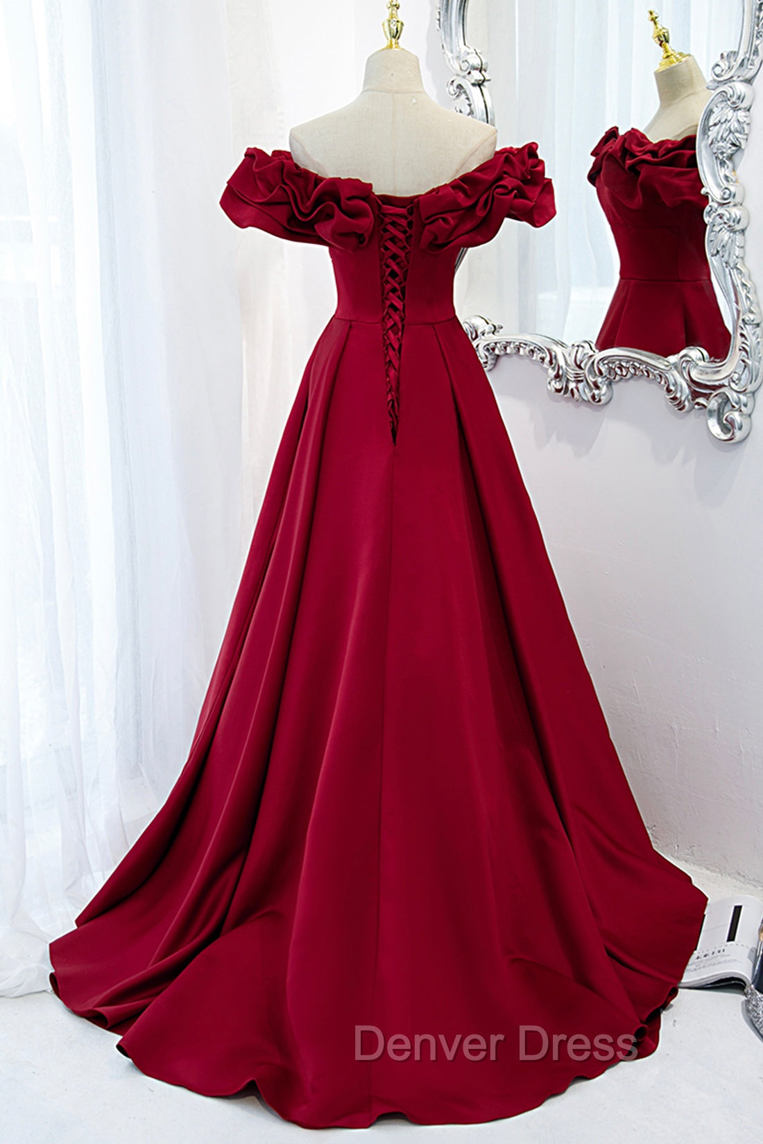 Burgundy Satin Long Prom Dresses, A-Line Off Shoulder Evening Party Dresses
