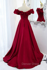 Burgundy Satin Long Prom Dresses, A-Line Off Shoulder Evening Party Dresses