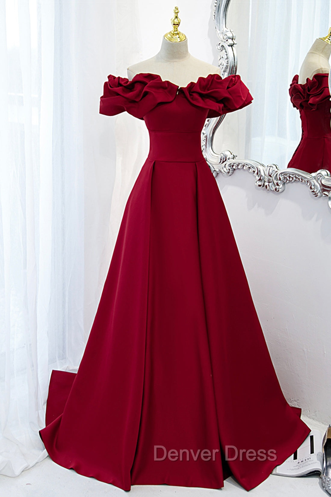 Burgundy Satin Long Prom Dresses, A-Line Off Shoulder Evening Party Dresses
