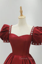 Burgundy Satin Long Prom Dress, A Line Short Sleeve Prom Dresses