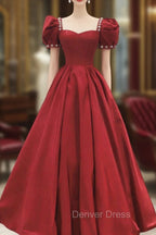 Burgundy Satin Long Prom Dress, A Line Short Sleeve Prom Dresses