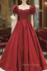 Burgundy Satin Long Prom Dresses, A-Line Short Sleeve Evening Dresses