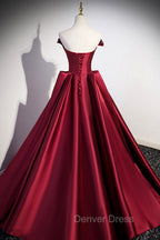 Burgundy Satin Long Prom Dress, Burgundy A Line Prom Dresses