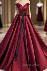 Burgundy Satin Long Prom Dresses, Burgundy A-Line Evening Dresses