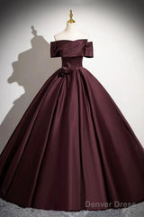 Burgundy Satin Long Prom Dress, Burgundy Off The Shoulder Formal Dress