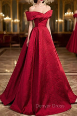 Burgundy Satin Long Prom Dresses, Off Shoulder Evening Party Dresses