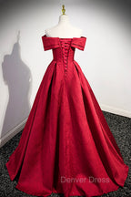Burgundy Satin Long Prom Dress, Off Shoulder Prom Dresses