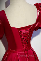 Burgundy Satin Long Prom Dress, Simple A Line Prom Dresses