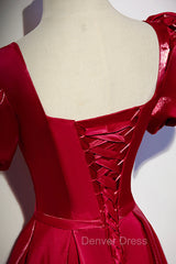 Burgundy Satin Long Prom Dresses, Simple A-Line Evening Dresses