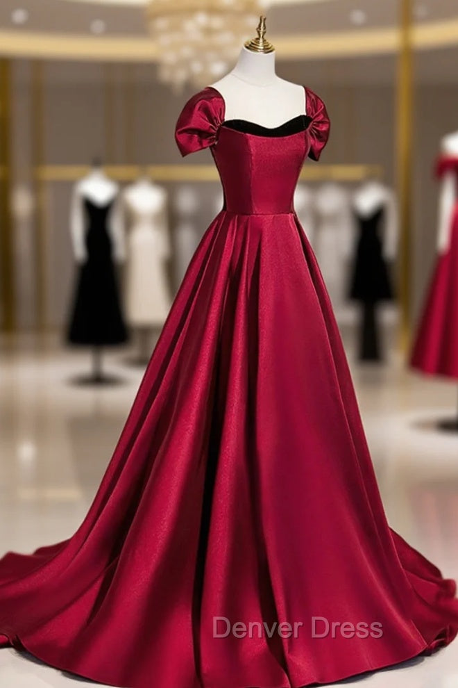 Burgundy Satin Long Prom Dresses, Simple A-Line Evening Party Dresses