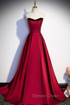 Burgundy Satin Long Prom Dress, Simple A Line Prom Dresses