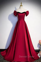 Burgundy Satin Long Prom Dresses, Simple A-Line Evening Party Dresses