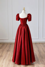 Burgundy Satin Long Prom Dress, Simple A Line Short Sleeve Prom Dresses