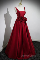 Burgundy Satin Long Prom Dresses With Flowers, Elegant A-Line Party Dresses