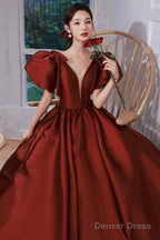 Burgundy Satin Long Prom Dresses, Lovely Puff Sleeve Evening Gown