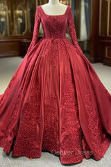 Burgundy Satin Long Sleeve Appliques Pearls Prom Dresses