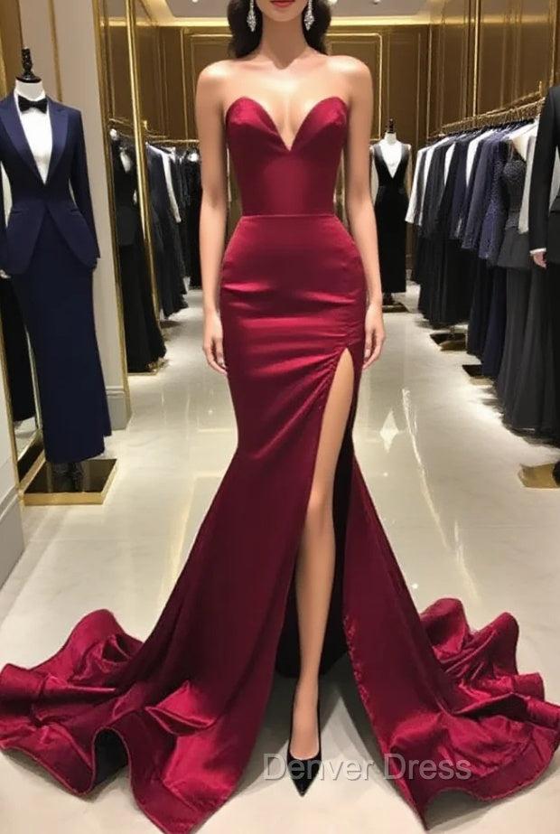Burgundy Satin Mermaid Long Sweetheart Prom Dress Burgundy Prom Dress shops Main image