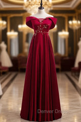 Burgundy Satin Off the Shoulder Appliques Beading Prom Dresses