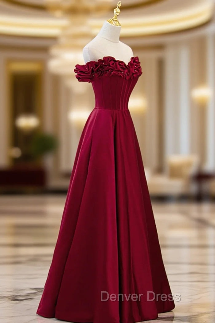 Burgundy Satin Off the Shoulder Beaded Long Formal Dresses, Burgundy A-Line Prom Dresses Main image
