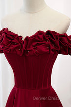 Burgundy Satin Off the Shoulder Beaded Long Prom Dress, Burgundy A Line Prom Dresses