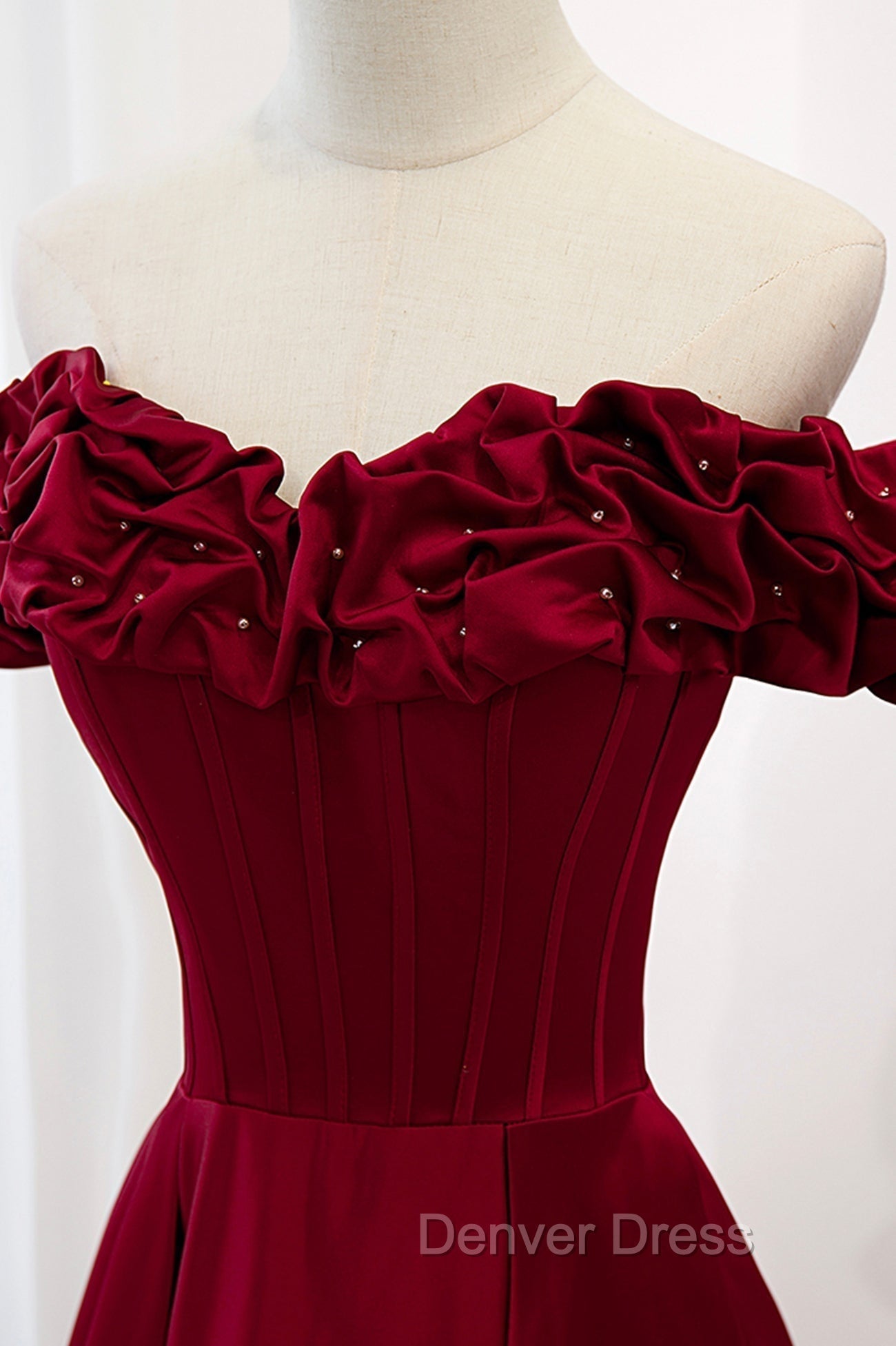 Burgundy Satin Off the Shoulder Beaded Long Prom Dress, Burgundy A Line Prom Dresses