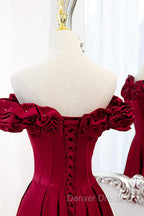 Burgundy Satin Off the Shoulder Beaded Long Formal Dresses, Burgundy A-Line Prom Dresses