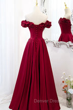 Burgundy Satin Off the Shoulder Beaded Long Formal Dresses, Burgundy A-Line Prom Dresses