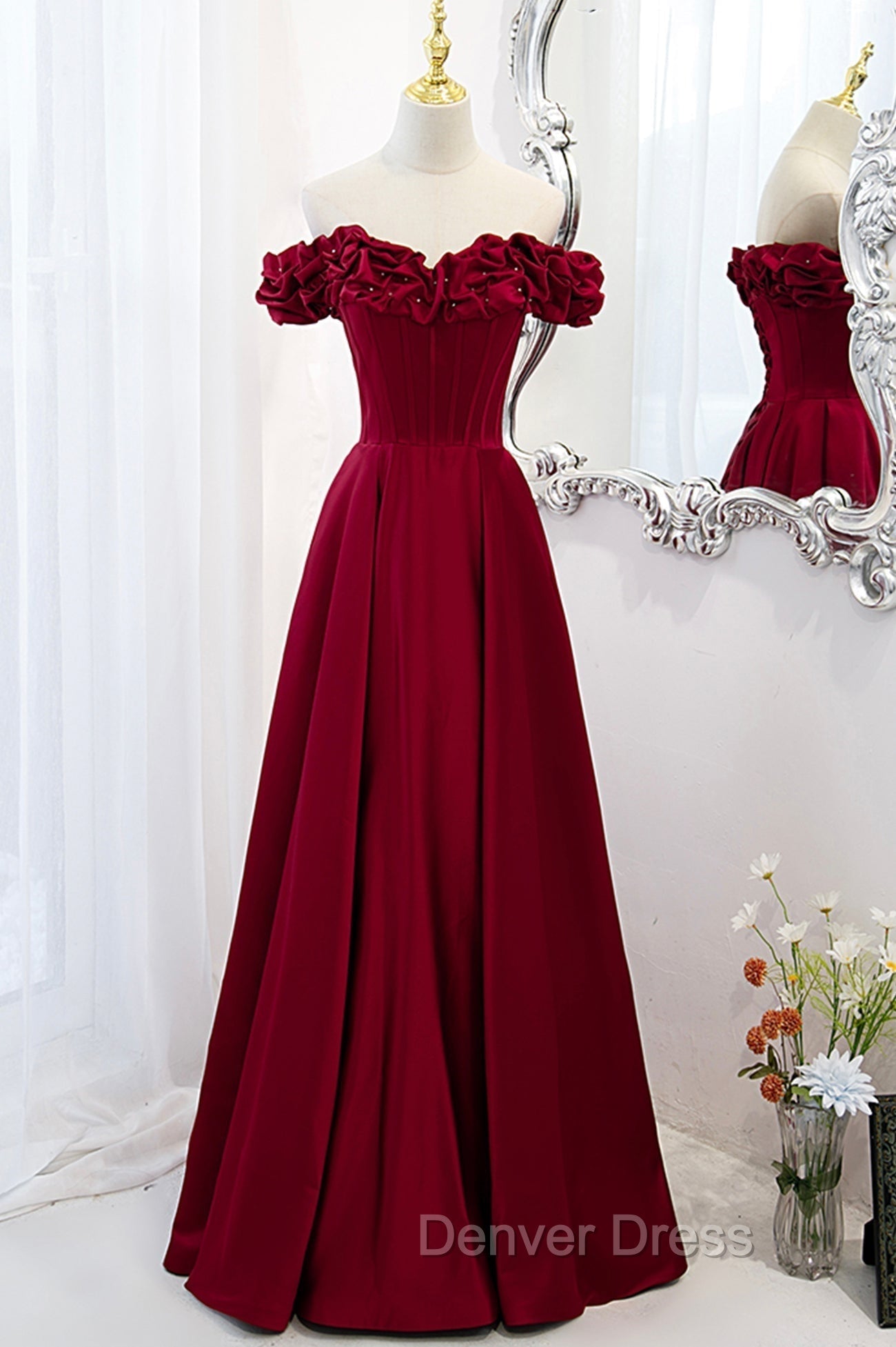Burgundy Satin Off the Shoulder Beaded Long Formal Dresses, Burgundy A-Line Prom Dresses Secondary image