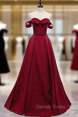 Burgundy Satin Off the Shoulder Beading Prom Dresses