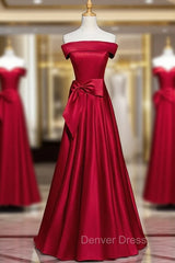 Burgundy Satin Off the Shoulder Bow Prom Dresses