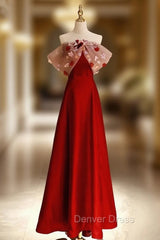 Burgundy Satin Off the Shoulder Flower Prom Dresses