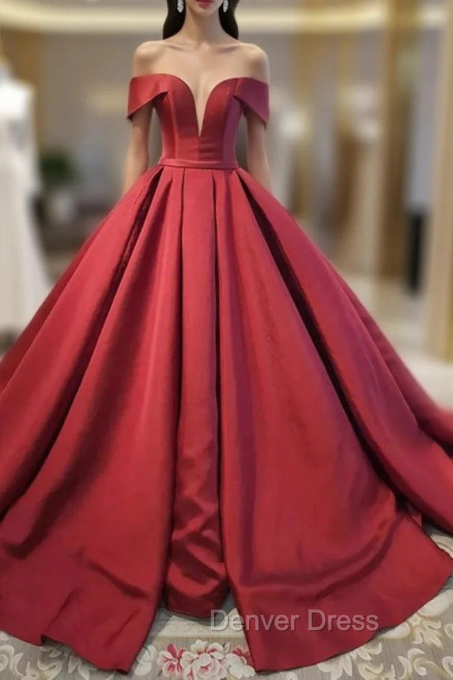 Burgundy Satin Off the Shoulder Prom Dresses