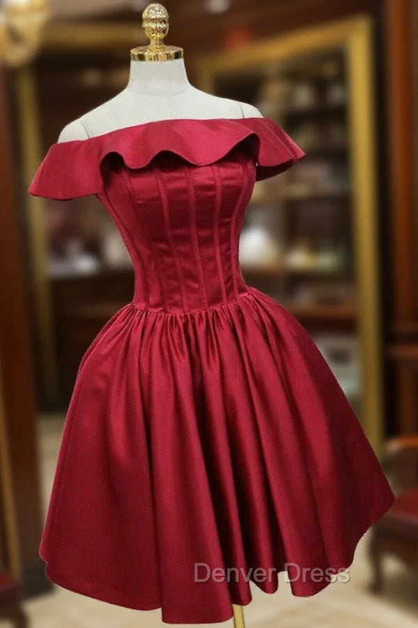 Burgundy Satin Off the Shoulder Homecoming Dresses Main image