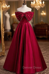 Burgundy Satin Off the Shoulder Pearls Bow Prom Dresses