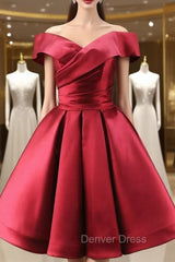 Burgundy Satin Off the Shoulder Pleats Homecoming Dresses